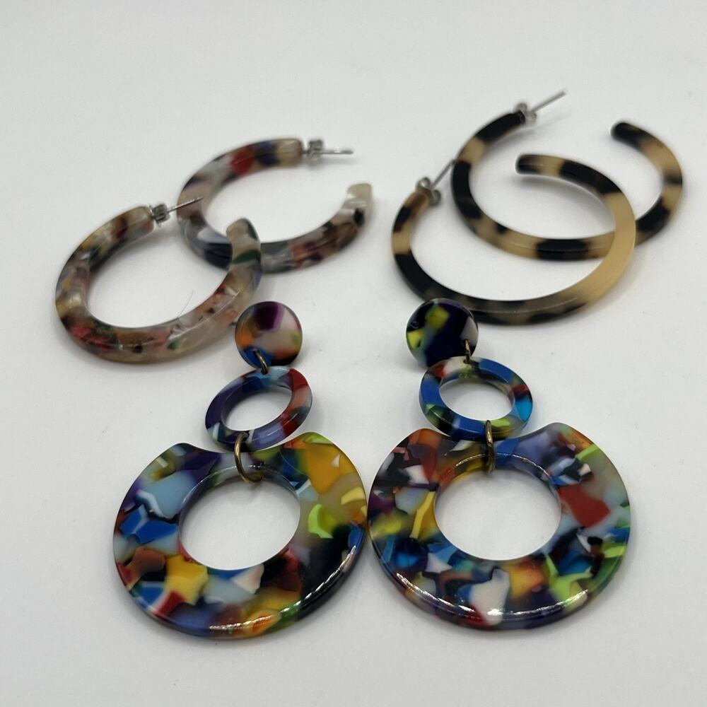 Acrylic Hoop Dangle Earrings Lot Set 3 Pairs Confetti Statement & Tortoise Print